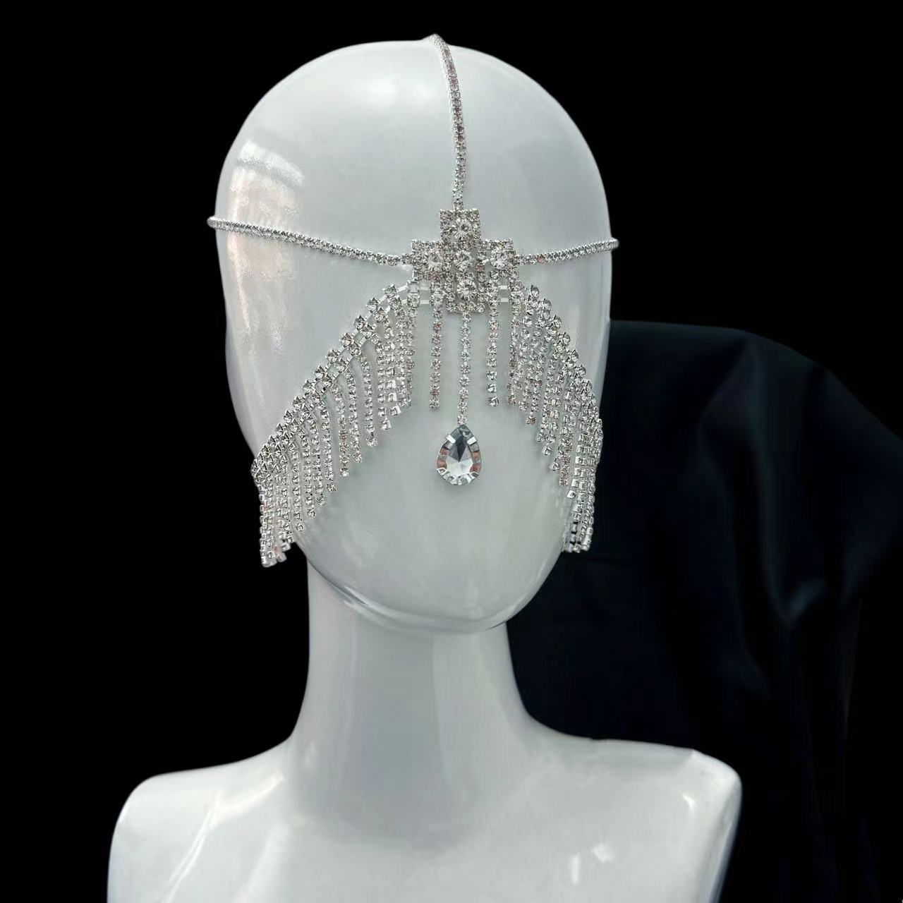 Luxury Rhinestone Bridal Head Chain with Crystal Fringe Design